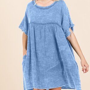 Full Size Short Sleeve Babydoll Texture Dress with Pockets